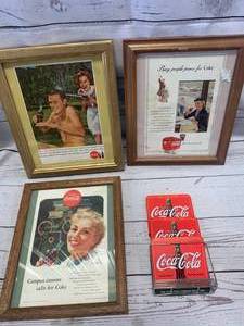 lot 76 image: Lot of 3 Framed Vintage Coke Ads & 3 Coasters