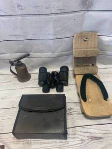 lot 131 image: Antique Clogs, 7 x 35 Binoculars, Oil Can