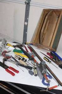 lot 97 image: Homemade Wooden Toolbox wVariety of Hand Tools