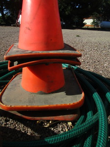 Garden Hoses, Safety Cones, Granite Slab