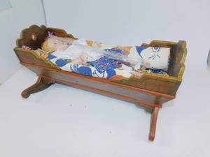 Vintage Wooden Cradle with Blanket and Doll