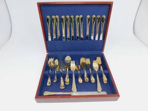 Gold Silverware Set in Wooden Box