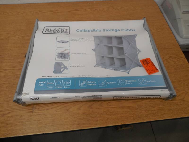 lot 143 image: BLACKDECKER 22.8 in. H x 23.6 in. W 9-Pair Metal and Polyester Shoe Rack with Collapsible Frame and Individual Cubbies