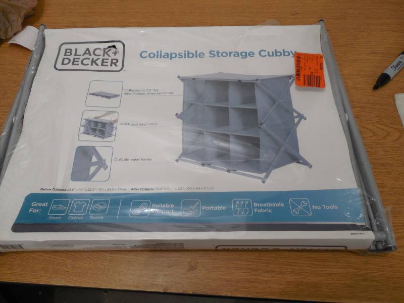 lot 63 image: 22.8 in. H x 23.6 in. W 9-Pair Metal and Polyester Shoe Rack with Collapsible Frame and Individual Cubbies