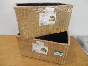 lot 135 image: (2) 19.5 in. W x 10.5 in. H Composite Rectangular Faux Woven Basket in a White Washed Beige