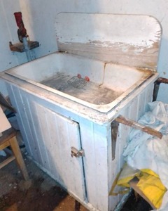 lot 66 image: Antique White enamel farm sink & cabinet
