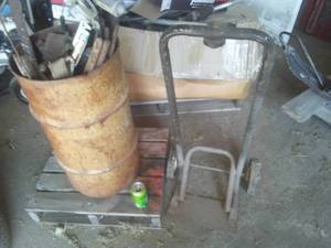lot 141 image: 2 wheeler & metal can with contents and mini pallet.