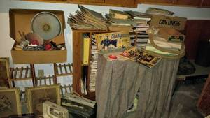 lot 244 image: Large lot of Vintage - Skirted Cupboard, hairdryers, utensils, Stool, Framed prints and more.