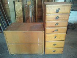 lot 197 image: Pine tall boy dresser & oak file cabinet and contents.