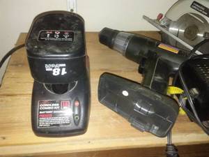 lot 423 image: Shelf of Battery operated tools, chargers, batteries. Working condition.