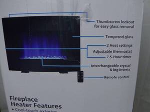 lot 44 image: Mainstays WFP-22C Freestanding or Wall Mounted Fireplace Heater, Black Finish, WFP-22C-Open Box
