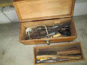 lot 79 image: Antique Wood Tools Box With Content...