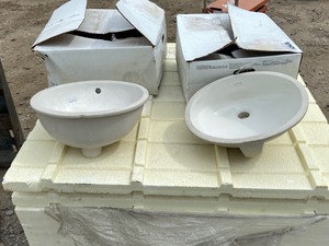 lot 6 image: (2) Kohler Sinks & Pallet Of In-Floor Heating Insulation