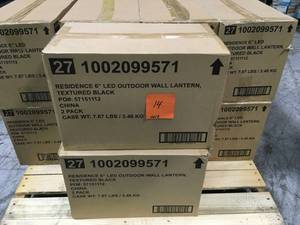 lot 14 image: LOT WITH 18 CASES OF Commercial Electric 2-AC Outlet 2-USB 4.2 Amp Shared in White 6PK PER BOX & 10 BOXES OF PROGRESS LIGHTING Residence Collection 1-Light 9.2 in. Outdoor Textured Black LED Wall Lantern Sconce 2PK PER BOX NEW