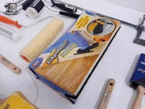 Assorted Paint Brushes, Rollers, Edge Master, and Mixer Tool