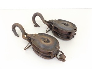lot 7 image: 2 Antique Iron Double Pulley Block and Tackle Hooks 