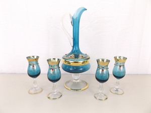 lot 91 image: Blue Gold Gilded Bohemian Glass Decanter and Cordial Glass Set