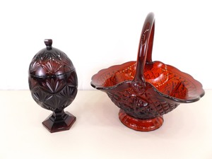 lot 94 image: Large Ruby Red Glass Basket and Cape Cod Covered Compote