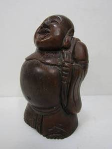 lot 90 image: Vintage Hand Carved Laughing Buddha Wooden Sculpture