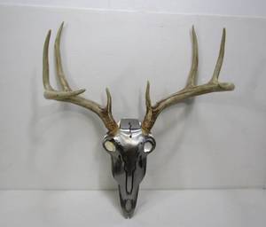 lot 92 image: Stainless Steel Deer Skull wGenuine Antlers