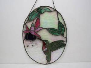 lot 97 image: Stained Glass Oval Hummingbird Wall Hanging