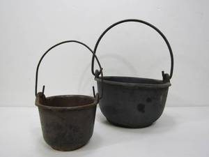lot 100 image: 2 Small Old Vintage Cast Iron Pots