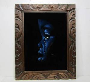 lot 107 image: Vintage Framed Signed Original Painting on Velvet - Child wTear 