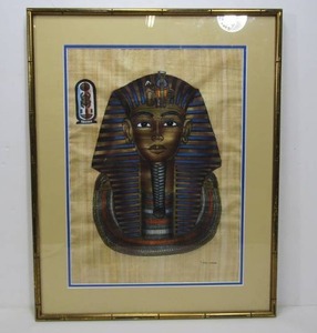 lot 112 image: Framed Signed Original Painting - Egyptian King Tut Portrait on Papyrus Paper
