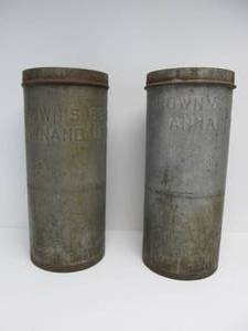 lot 290 image: Pair of Large Antique BROWNS ICE CREAM Annandale Heavy Embossed Steel Canisters