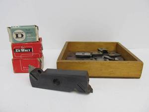 lot 128 image: Vintage DEWALT Shaper Head Woodworking Tool wMany Blades