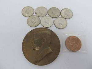 lot 262 image: Group of JFK Coins & Large Medallion