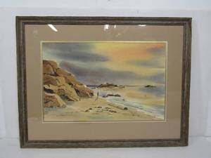 lot 344 image: Framed Signed Mid Century Watercolor Beach Scene Painting - Signed Zeller