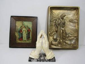 lot 140 image: Group w Religious Artworks & Praying Hands