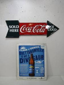 lot 184 image: Vintage Style Coca Cola Arrow Sign & Metal Beer Sign 