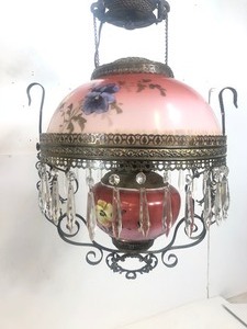 lot 5 image: Antique 19th Century Victorian Bradley & Hubbard Hanging Glass LibraryParlor Oil Lamp wPrisms