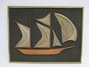lot 305 image: Large Vintage Mid Century Teak Wood String Art Pirate Ship Artwork