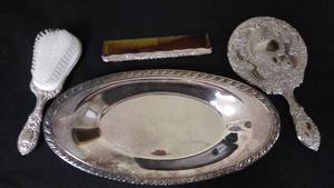 lot 36 image: 4-Piece Sterling Silver Vanity Set (Brush, Comb, Mirror and Tray)