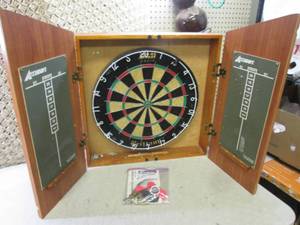 lot 8 image: Dart Board with Darts and Wall Cabi...