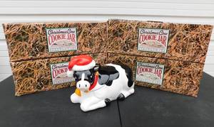 lot 61 image: Lot of 4 New Earthenware Ceramic Christmas Cow Cookie Jars With Sound