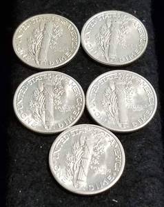 5 AU OR BETTER MERCURY DIMES AS PICTURED 1941 1942 1943 1944 1945