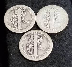 3 EARLY DATE MERCURY DIMES 1918 1918-D 1918-S