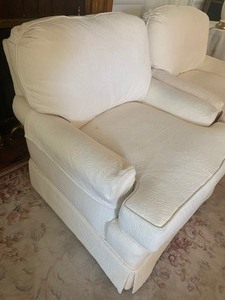 lot 7 image: Pair of Ivory Upholstered Armchairs by Calico Corners