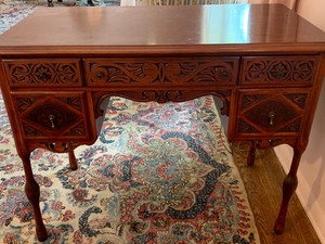 lot 4 image: Walnut Carved 1920s Desk with Carved Chair