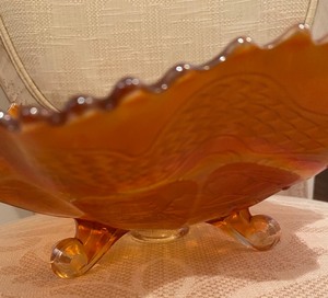 lot 117 image: Orange Carnival Glass Bowl with Three Feet
