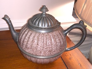 lot 267 image: Victorian Enamel Coffee Pot and Three Piece Silver Plate Tea Set