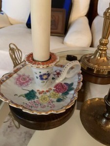 lot 294 image: Two Tall Brass Candle Lamps and Porcelain Finger Grip Asian Motif Candle Lamp