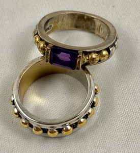 lot 128 image: Pair 18k gold & Sterling Silver w Amethyst Rings- Size 6