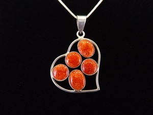 .925 Sterling Silver Red Coral Cabochon Heart Pendant Necklace