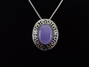 .925 Sterling Silver Amethyst Cabochon Greek Key Pendant Necklace