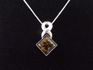 .925 Sterling Silver Square Amber Cabochon Pendant Necklace